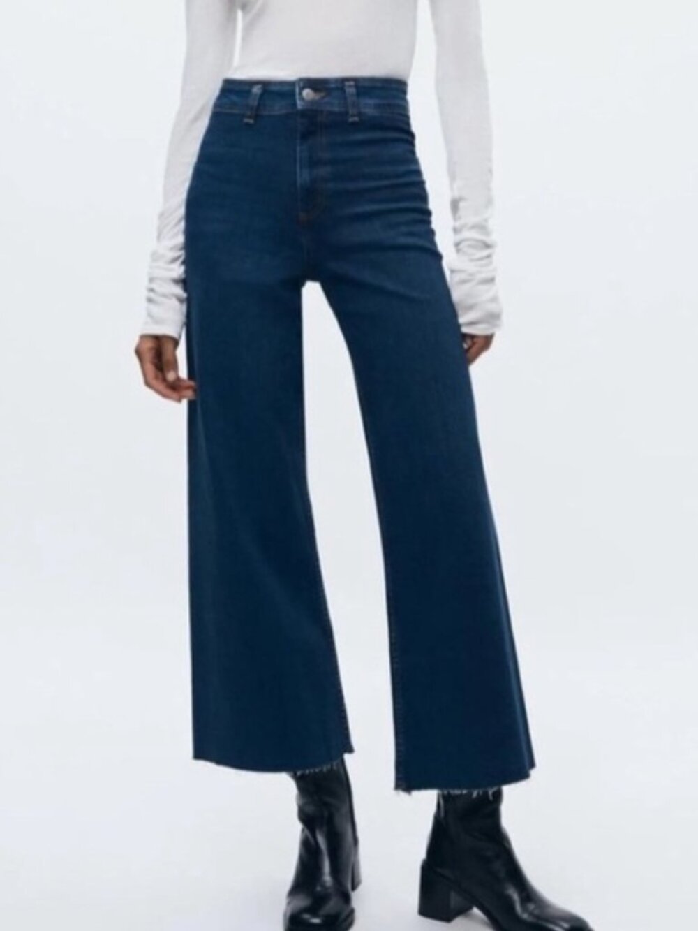 NEW NWT! ZARA MARINE STRAIGHT JEANS HIGH RISE ANKLE CROP RAW HEM WIDE LEG sz 0